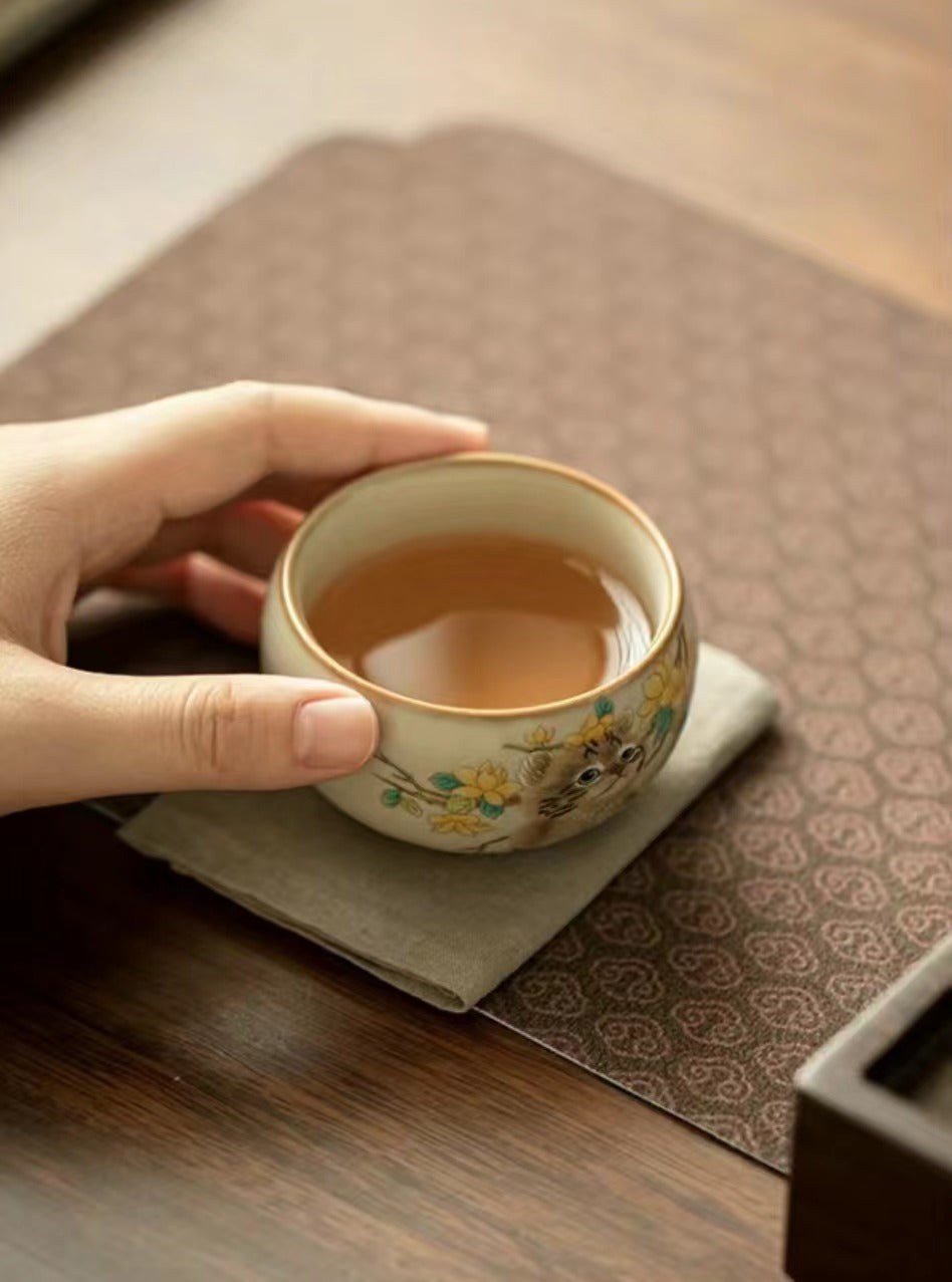 Cat & Flower Ceramic Tea Cup