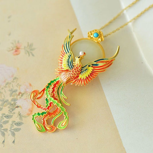 Colour Enamels Phoenix 925 Sterling Silver Dual-Purpose Necklace & Brooch