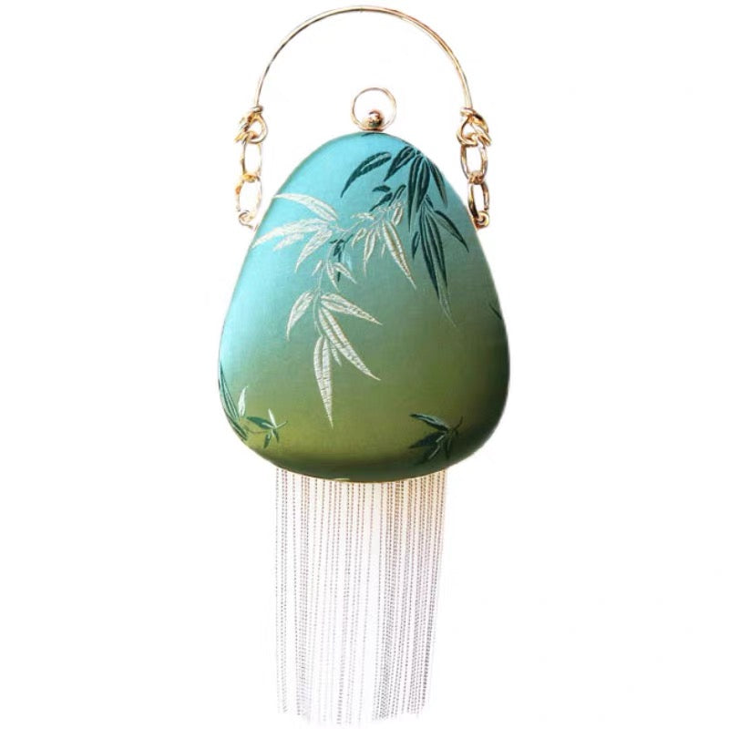 Vintage design mini water drop-shaped Silky Bag with Embroidery Bamboo Pantern