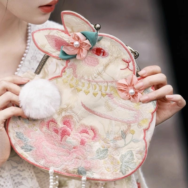 Rabbit & Laurel Flowers Kawaii Embroidered Bag