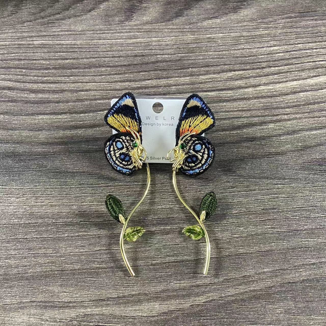 Embroidery Butterfly Designer Dangle Earrings 925 Sterling Silver