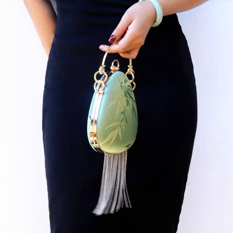 Vintage design mini water drop-shaped Silky Bag with Embroidery Bamboo Pantern