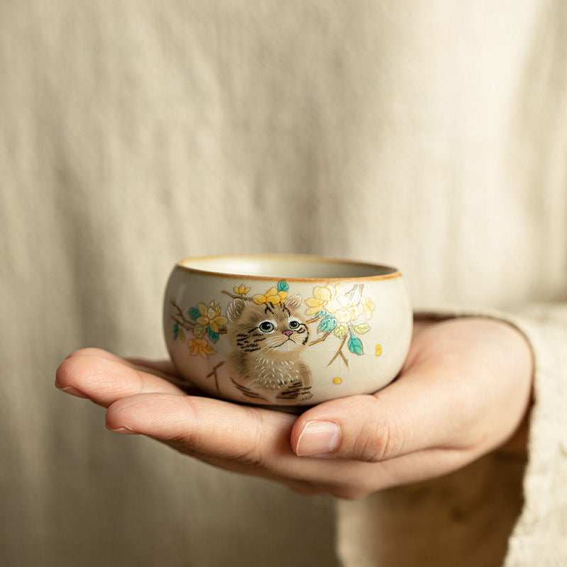 Cat & Flower Ceramic Tea Cup