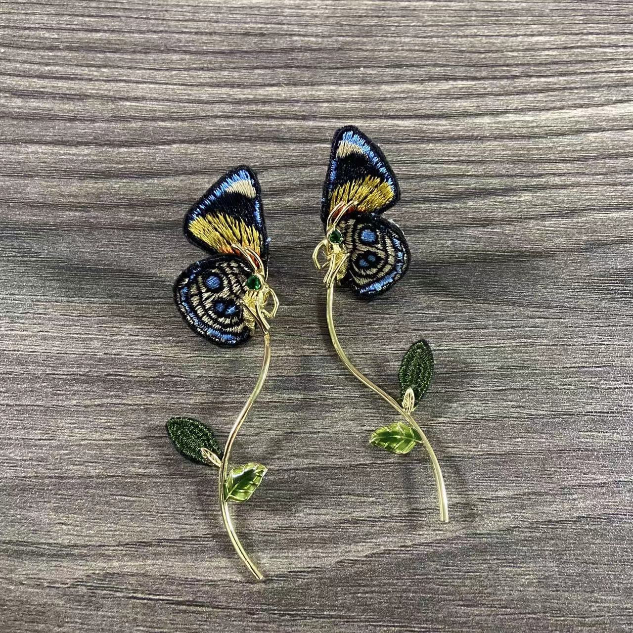 Embroidery Butterfly Designer Dangle Earrings 925 Sterling Silver