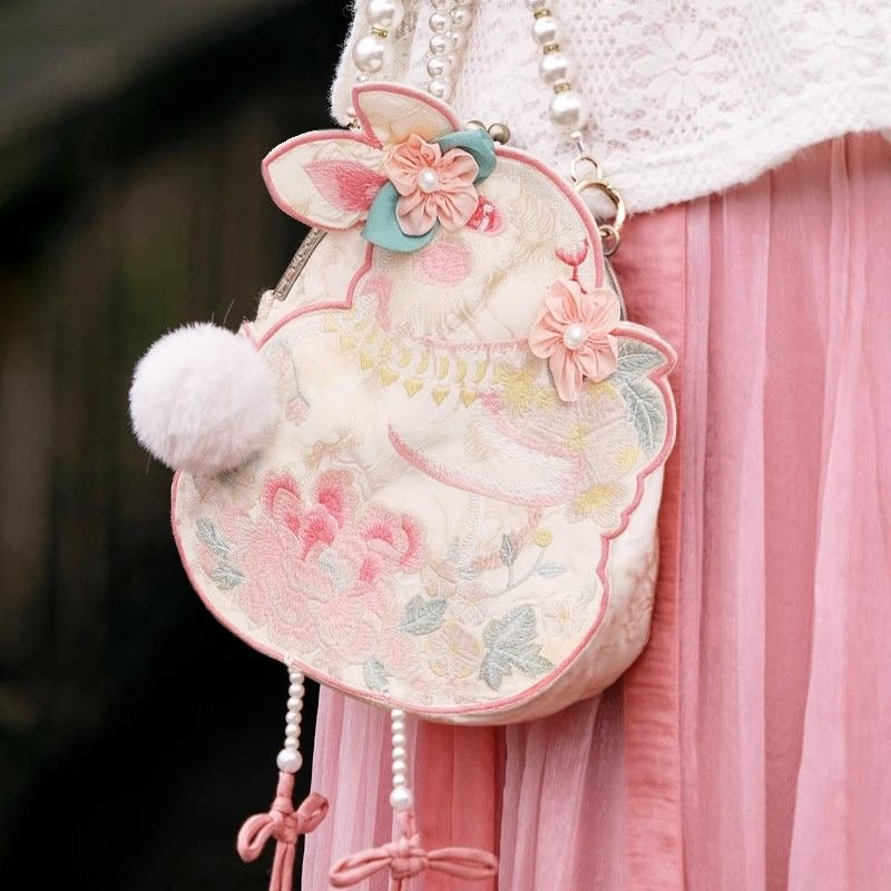 Rabbit & Laurel Flowers Kawaii Embroidered Bag