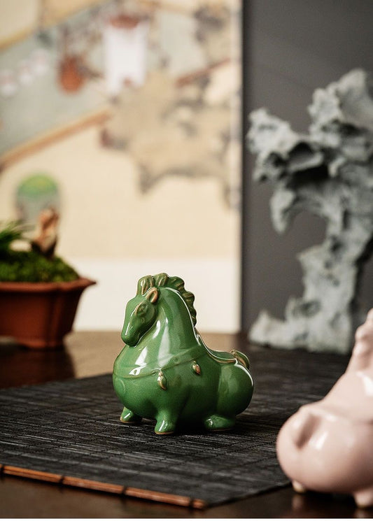 Ceramic Green Horse Figurine Tea Pet