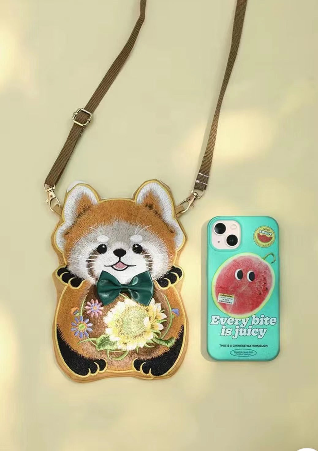 Red Panda Embroidery Crossbody Bag