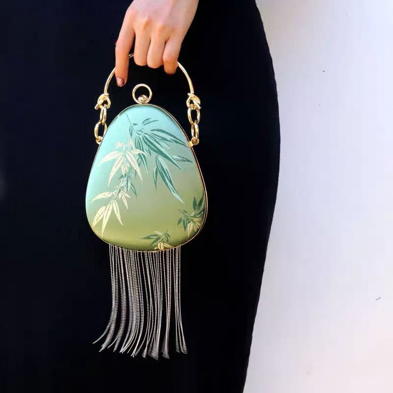 Vintage design mini water drop-shaped Silky Bag with Embroidery Bamboo Pantern